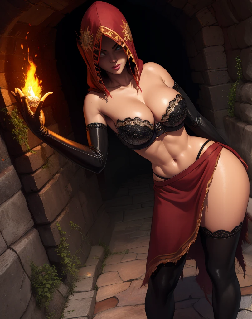 Dsorceress,shadowy face,dark cave,fire, hood, shadowed face,strapless bra,miniskirt,elbow gloves, dark skin, 1 girl (insanely detailed, masterpiece, best quality),