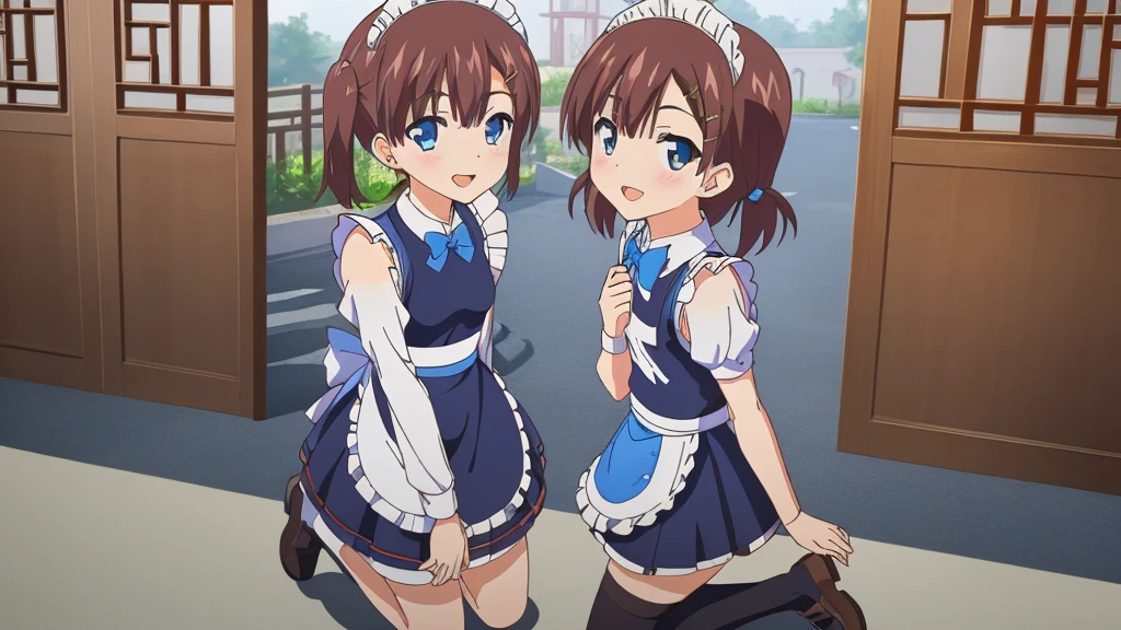 (masterpiece:1.2), best quality, highres, original, (extremely detailed:1.2), ultra-detailed, wallpaper, perfect lighting,(extremely detailed CG:1.2), 8k, anime illustration, 1boy, solo, cute, kawaii, crossdressing, (twin tails, light-blue eyes, flat chest, open the mouth, laughing, happy:1.2), (Chinese-style maid outfit, apron, ruffles hemline, knee-length dress:1.3), standing in front of the camera, frontal, looking at viewer, (anatomically correct:1.5), outdoor, full body nsfw show panties