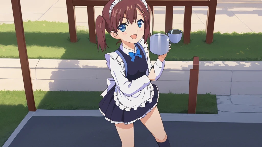 (masterpiece:1.2), best quality, highres, original, (extremely detailed:1.2), ultra-detailed, wallpaper, perfect lighting,(extremely detailed CG:1.2), 8k, anime illustration, 1boy, solo, cute, kawaii, crossdressing, (twin tails, light-blue eyes, flat chest, open the mouth, laughing, happy:1.2), (Chinese-style maid outfit, apron, ruffles hemline, knee-length dress:1.3), standing in front of the camera, frontal, looking at viewer, (anatomically correct:1.5), outdoor, full body nsfw show panties