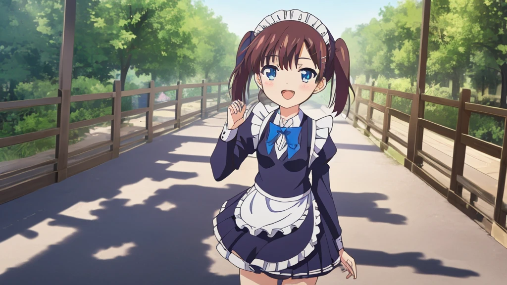 (masterpiece:1.2), best quality, highres, original, (extremely detailed:1.2), ultra-detailed, wallpaper, perfect lighting,(extremely detailed CG:1.2), 8k, anime illustration, 1boy, solo, cute, kawaii, crossdressing, (twin tails, light-blue eyes, flat chest, open the mouth, laughing, happy:1.2), (Chinese-style maid outfit, apron, ruffles hemline, knee-length dress:1.3), standing in front of the camera, frontal, looking at viewer, (anatomically correct:1.5), outdoor, full body nsfw  show panties