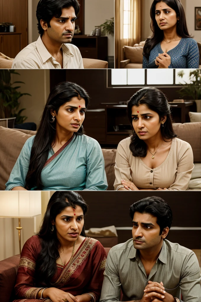 A tense family discussion in a well-furnished living room, close-ups of the family members: a grieving wife (Meera), a distressed son (Sameer), and a worried housemaid (Shanta).