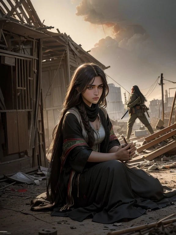 (Masterpiece, best quality, best detail, photorealistic, award winning photography :1.5), Palestina girl with long straight hair sitting on the ground, (((women at war in Palestine))), sad face, sadness, tears, destroyed village, collapsed wooden hut, burn marks, bloody blood, war crime destruction, (((Palestine 🇵🇸))). background shows the destruction, buildings collapsed, rubble, fire and smoke, provide intricate details in the image. Dramatic lighting, dramatic image, Greg Rutkowski, (Palestinian flag 🇵🇸🇵🇸🇵🇸)