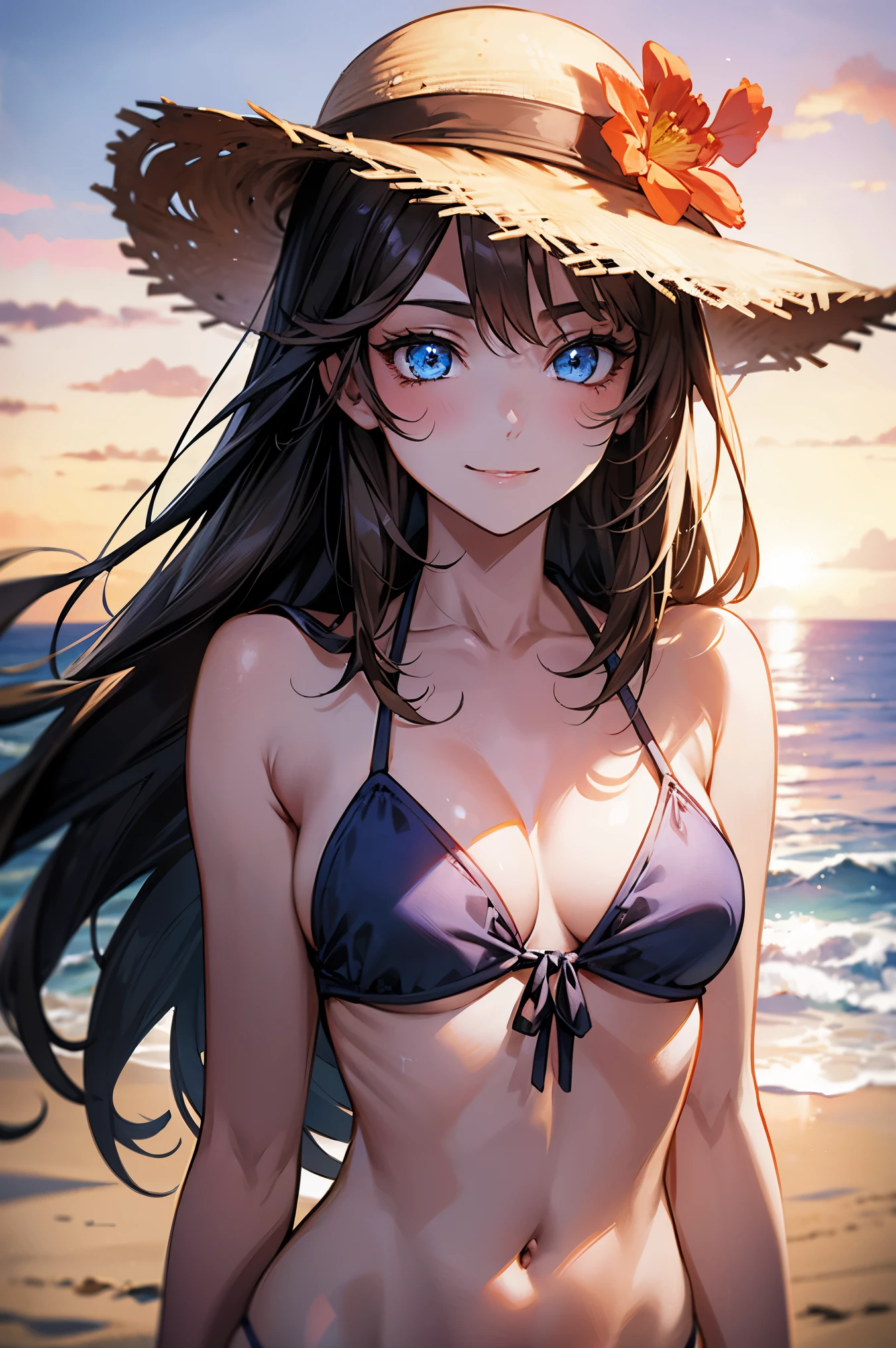 One girl, long tied brunette hair, smile, blue eyes, Wink, View your viewers, Wearing a bikini, flower straw hat, (Beach), (sunset), evening, masterpiece, 8K, Perfect lighting, The perfect outfit, Perfect Anatomy, Perfect Eyes, Perfect Face, Sharp resolution, (Face close-up)
