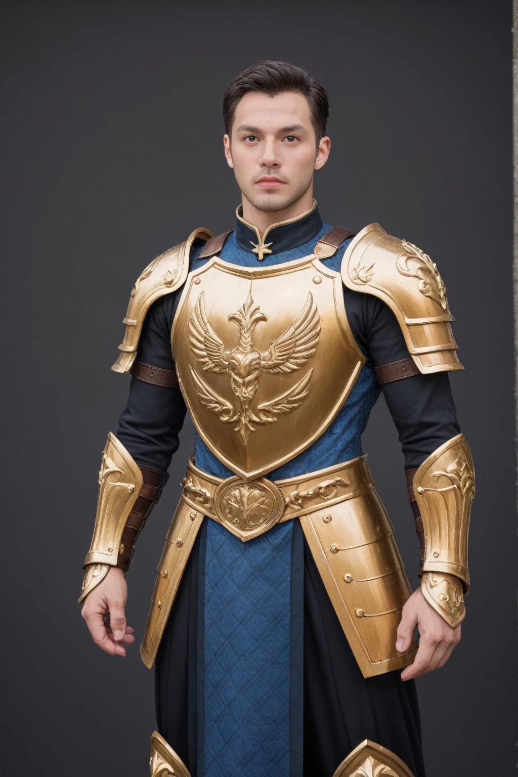realistic,score_9, score_8_up, score_7_up, BREAK,
In a close-up, a man in armor stands as a fantasy warrior, his golden sword gleaming in the light. His heavy armor is dramatic and stunning, a detailed masterpiece of fantasy design. The armor is a blend of black and gold, creating a beautiful contrast that enhances its beauty. The intricate golden details on the armor are a testament to its craftsmanship, each piece fitting seamlessly into the next to form a sleek, stylish fantasy armor.
The warrior's armor is not just protective; it's a work of art, showcasing the skill and imagination of the designer. The black and gold combination adds a touch of elegance and sophistication, while the light gold armor reflects a more delicate and refined style. This fantasy warrior, in full armor, is a symbol of strength and valor, ready to face any challenge that comes his way. The armor's design is both functional and aesthetically pleasing, making it a standout piece in any fantasy setting.