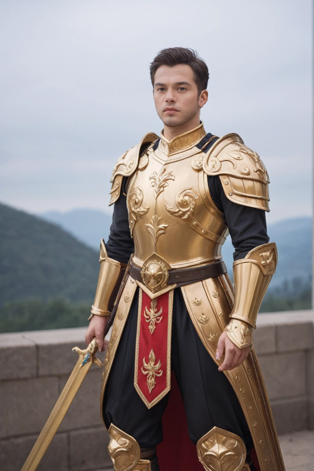 realistic,score_9, score_8_up, score_7_up, BREAK,
In a close-up, a man in armor stands as a fantasy warrior, his golden sword gleaming in the light. His heavy armor is dramatic and stunning, a detailed masterpiece of fantasy design. The armor is a blend of black and gold, creating a beautiful contrast that enhances its beauty. The intricate golden details on the armor are a testament to its craftsmanship, each piece fitting seamlessly into the next to form a sleek, stylish fantasy armor.
The warrior's armor is not just protective; it's a work of art, showcasing the skill and imagination of the designer. The black and gold combination adds a touch of elegance and sophistication, while the light gold armor reflects a more delicate and refined style. This fantasy warrior, in full armor, is a symbol of strength and valor, ready to face any challenge that comes his way. The armor's design is both functional and aesthetically pleasing, making it a standout piece in any fantasy setting.
