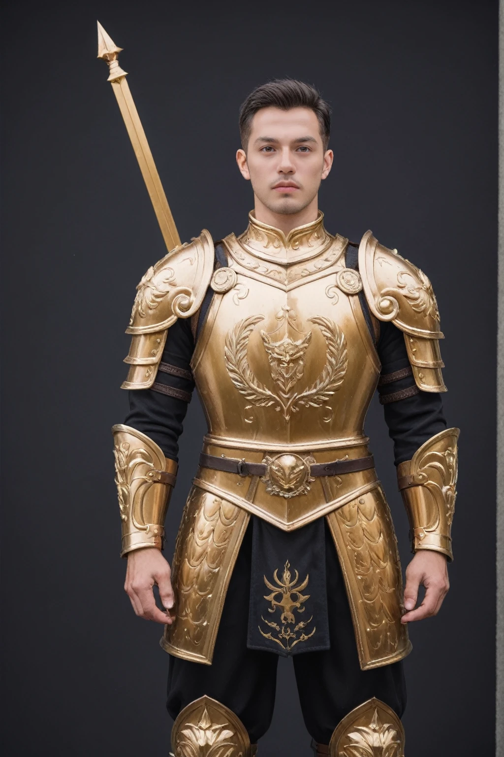 realistic,score_9, score_8_up, score_7_up, BREAK,
In a close-up, a man in armor stands as a fantasy warrior, his golden sword gleaming in the light. His heavy armor is dramatic and stunning, a detailed masterpiece of fantasy design. The armor is a blend of black and gold, creating a beautiful contrast that enhances its beauty. The intricate golden details on the armor are a testament to its craftsmanship, each piece fitting seamlessly into the next to form a sleek, stylish fantasy armor.
The warrior's armor is not just protective; it's a work of art, showcasing the skill and imagination of the designer. The black and gold combination adds a touch of elegance and sophistication, while the light gold armor reflects a more delicate and refined style. This fantasy warrior, in full armor, is a symbol of strength and valor, ready to face any challenge that comes his way. The armor's design is both functional and aesthetically pleasing, making it a standout piece in any fantasy setting.
