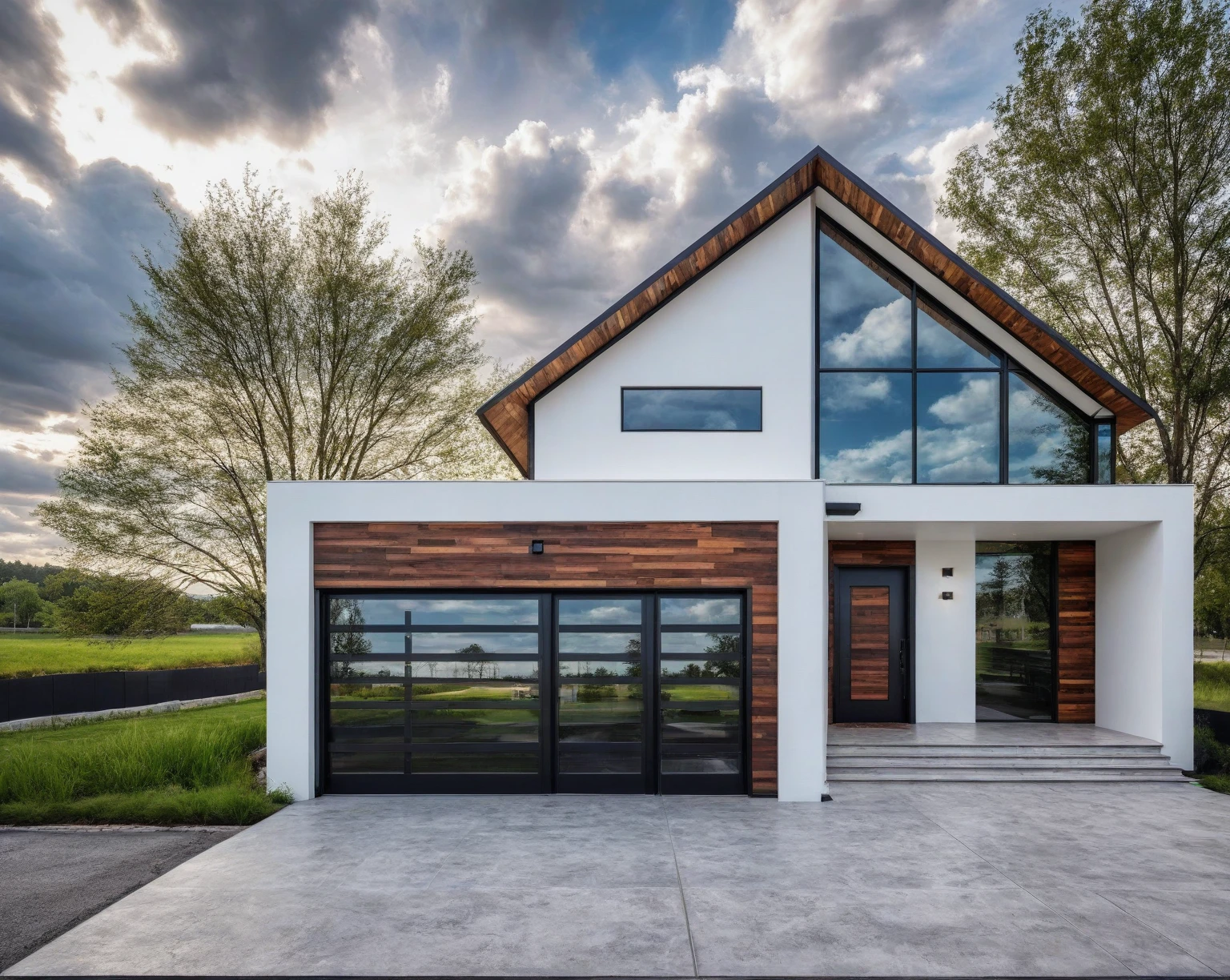 Raw photo, Masterpiece, high quality, best quality, authentic, super detail,
outdoors, house style modern, white wall, revolving wooden door, glass windows, canopy, car, black metal fence, glass railing,
road, grass, trees, sky, cloud, nightlight:1.1), vivid colors, (realistic:1.2),