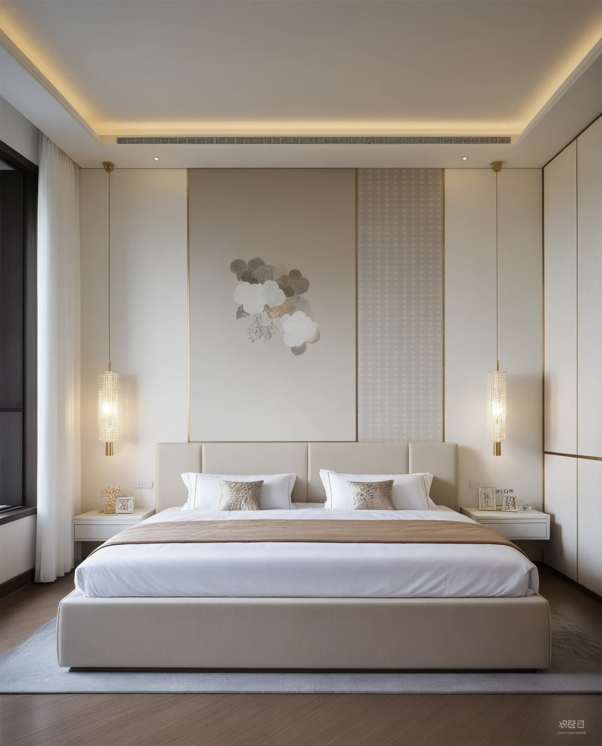 ,Masterpiece, Best quality,8K, Ultra-high resolution,When you step into the ((bedroom 1.3)) ,Immediately surrounded by a rich atmosphere of luxury. The space was covered with a soft white fluffy blanket,It is so comfortable,So much so that you can't help but indulge in it。Embellished with precious porcelain and white-off gold ornaments。Whenever it is late afternoon,The afterglow from the window spilled on the floor,Soft light and shadow are reflected,It was as if entering a dreamland.