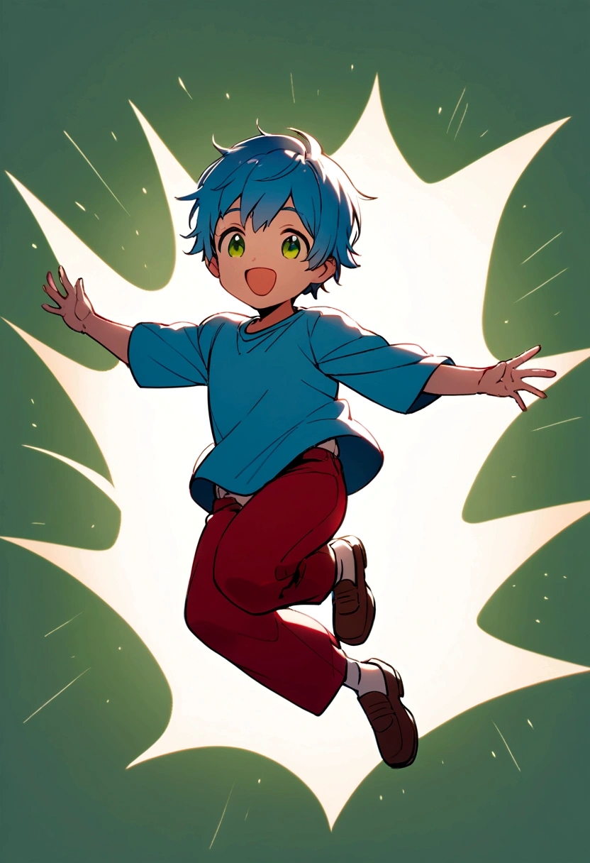 cute cool boy with short blue hair, green eyes, blue shirt, red pants and brown shoes, happy, green background