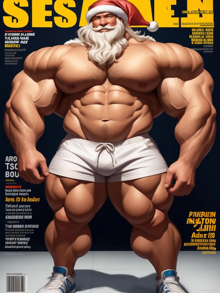 Magazine cover. solo, 1boy, perfect anatomy, ground view, wrinkles skin, low shoot, down view, perfect proportion, thick body, thick thighs, big red bag, big eyes, smile, santa claus, perfect fingers, big hand, fingers. Huge Muscular Old man with short hair, shoes ,(white shorts), view from side, pectoral, thick arms, huge pectoral, wide pectoral, white hair, white beards, simple background, masterpiece, semirealistic:1.2, high detailed, 8k, high resolution, perfect center, full view. ((really big muscle, massive muscular, sixpack, thick arms, wide pectoral, super huge muscle, hyper muscular, over sized muscle, huge arms, big arms, huge pectoral))