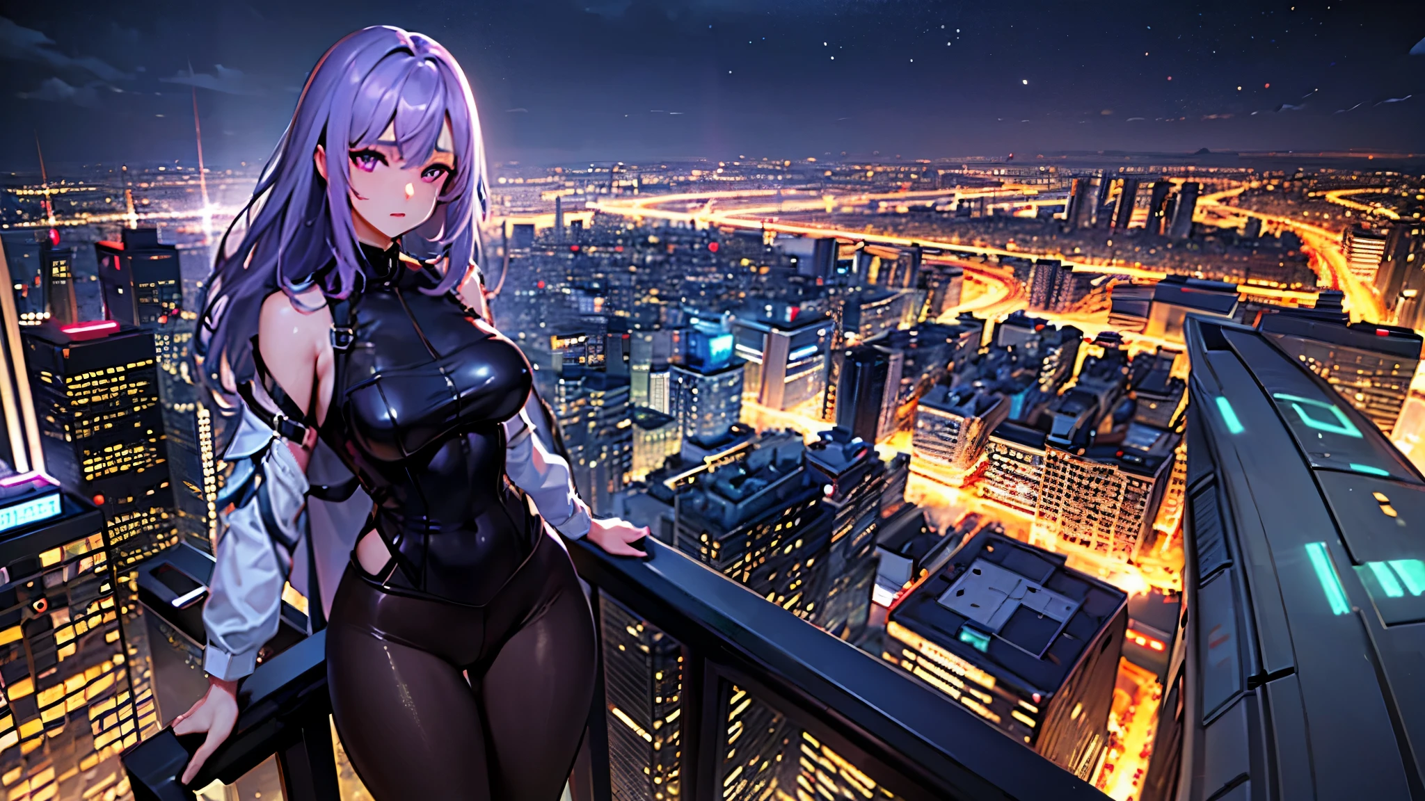 (1girl), masterpiece, photorealistic, 8k, (realistic: 1.2), full body, looking at viewer, pantyhose, purple hair, (kafka: 1.2), walking, beauty, (medium breasts: 1.2) night, night sky, city, cityscape, rain, (dramatic: 1.2)