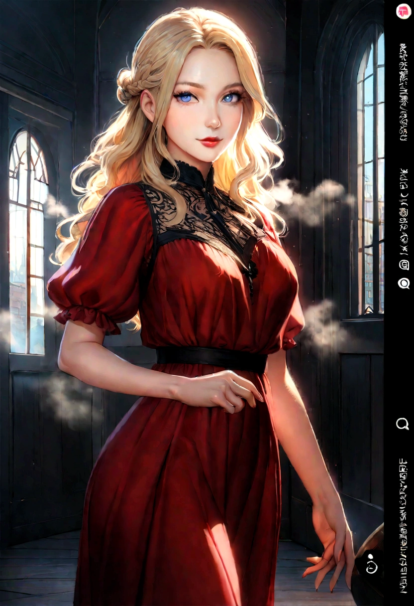 professional portrait photograph of a gorgeous 18 year,Norwegian girl Lise Olsen in london city with long wavy blonde hair,blue eye,happy,sultry flirty look, gorgeous symmetrical face, cute natural makeup, ((wearing red gown)), ((standing )), ultra realistic, concept art, elegant, highly detailed, intricate, sharp focus, depth of field, f/1. 8, 85mm, medium shot, mid shot, (((professionally color graded))), bright soft diffused light, (volumetric fog), trending on instagram, hdr 4k, 8k