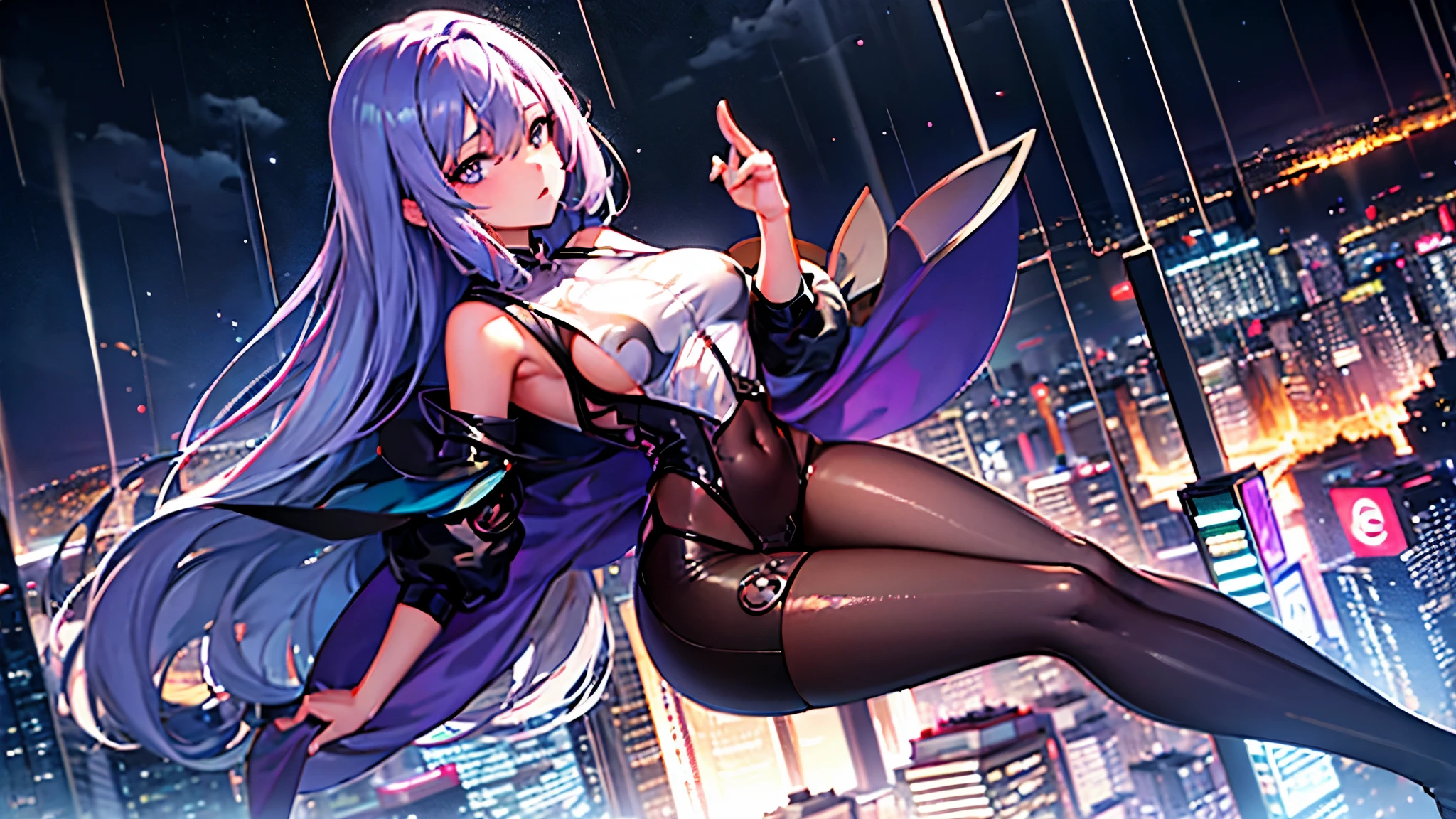 (1girl), masterpiece, photorealistic, 8k, (realistic: 1.2), full body, looking at viewer, pantyhose, purple hair, (kafka: 1.2), walking, beauty, (medium breasts: 1.2) night, night sky, city, cityscape, rain, (dramatic: 1.2)