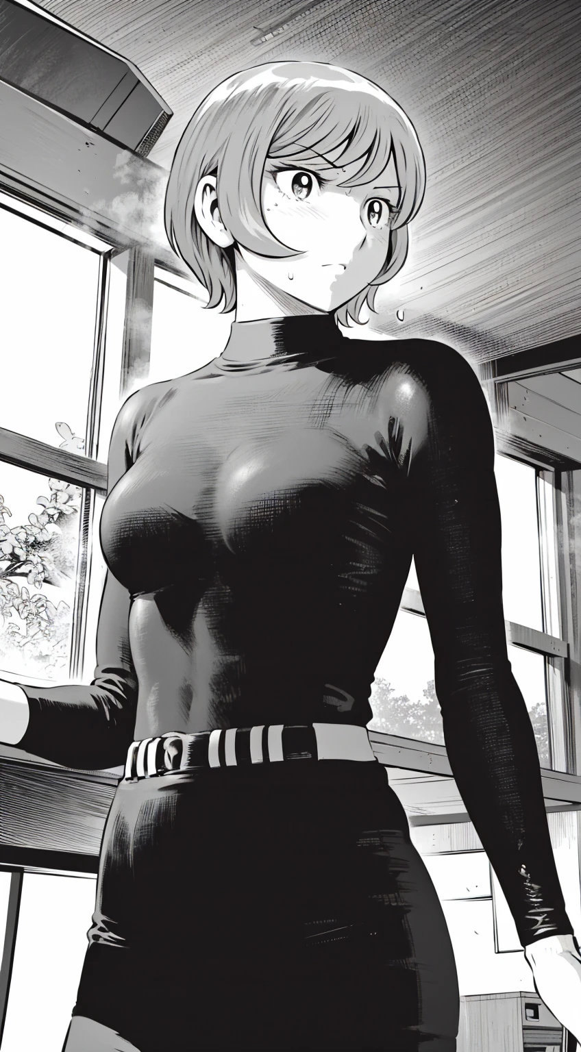 、(masterpiece、Highest quality)、Highest quality, Ultra-high resolution, (((masterpiece))), alone, Sweat、Big eyes,Tight black shirt、Tight white pants、belt、indoor、Composition from the front、(Cut the back hair short、short hair、blonde、woman)、Shortcuts、Embarrassed face、Cut your hair short、可愛いwomanの子、Big Breasts、Inside the room、Full Color、Baseball uniform
