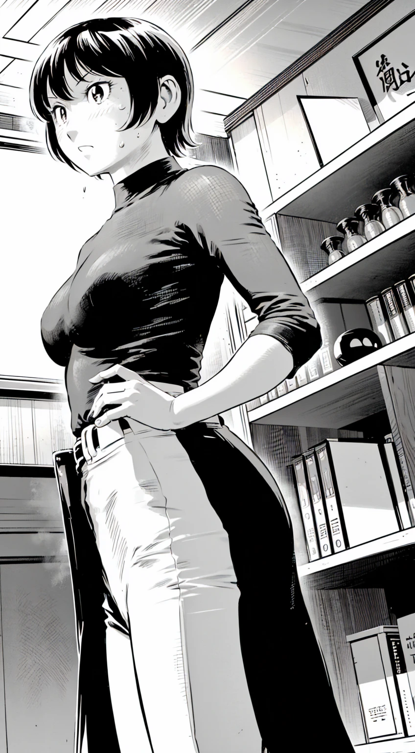 、(masterpiece、Highest quality)、Highest quality, Ultra-high resolution, (((masterpiece))), alone, Sweat、Big eyes,Tight black shirt、Tight white pants、belt、indoor、Composition from the front、(Cut the back hair short、short hair、blonde、woman)、Shortcuts、Embarrassed face、Cut your hair short、可愛いwomanの子、Big Breasts、Inside the room、Full Color、Baseball uniform