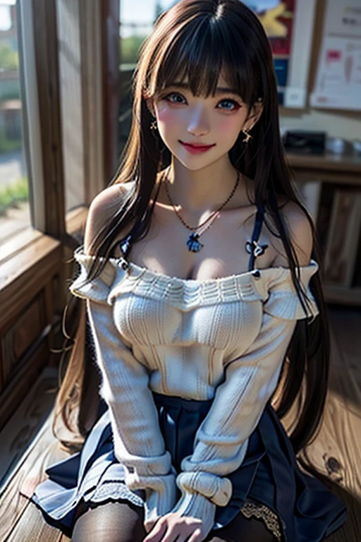 (Tabletop, Highest quality, High resolution, , Pixel perfect, 4K,), 1 Girl, single, alone, Beautiful woman、I could see the whole body、 ((Wavy mid-length hair, bangs, Black Hair)), ((Blue eyes, Beautiful eyelashes, Realistic eyes)), ((Detailed face, blush:1.2)), ((Smooth texture:0.75, Realistic texture:0.65, Realistic:1.1, Anime CG Style)), Soft Breasts, Dynamic Angle, Perfect body, ((, female teacher, , Earrings、necklace、Off-the-shoulder sweater、Dark blue flared skirt、Black knee-high stockings、Spread your legs wide、、A shy smile、Big Breasts)), Superior、、、evening、Sit at a desk、Massage your breasts with both hands、close your chest with both hands、I can see her light blue lace panties)、Angle from below)、
