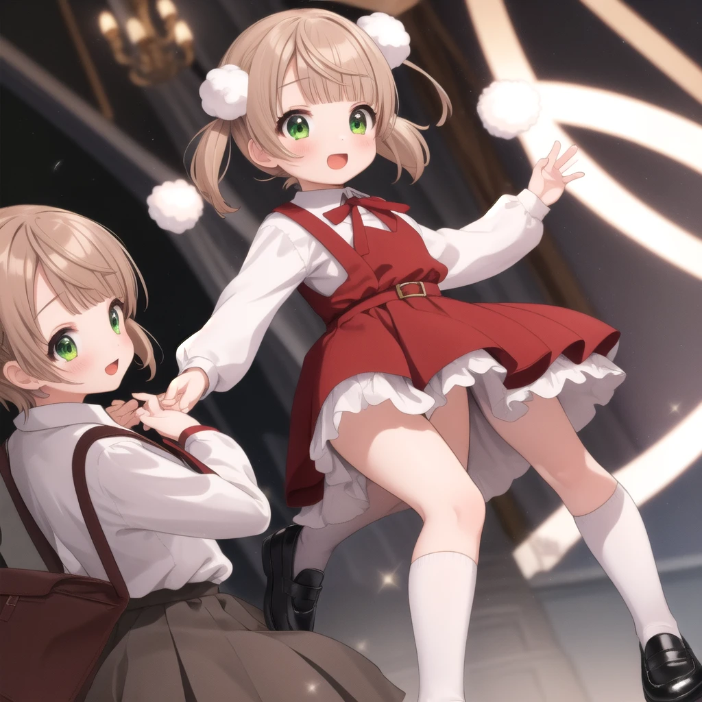 Super detailed,masterpiece,Highest quality,stage,Speed@Light,Dancing,One girl,(Little),shigure ui (virtual) ,short hair,Light brown hair,Twin tails,Pompom hair ornament,Hair Intake,Green Eyes, ,bangs,Red Bow,White collared shirt,Long sleeve,Red School Bag,Black sleeveless apron dress,White socks,Black footwear