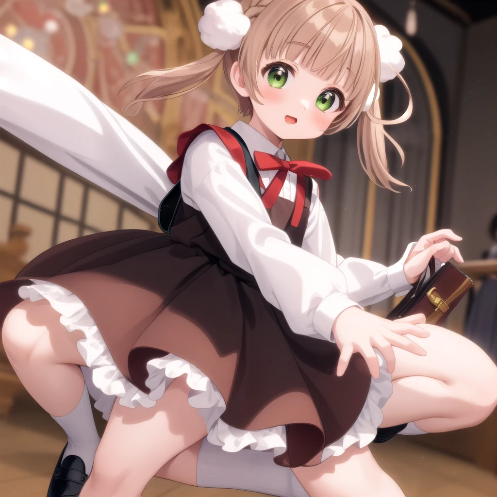 Super detailed,masterpiece,Highest quality,stage,Speed@Light,Dancing,One girl,(Little),shigure ui (virtual) ,short hair,Light brown hair,Twin tails,Pompom hair ornament,Hair Intake,Green Eyes, ,bangs,Red Bow,White collared shirt,Long sleeve,Red School Bag,Black sleeveless apron dress,White socks,Black footwear