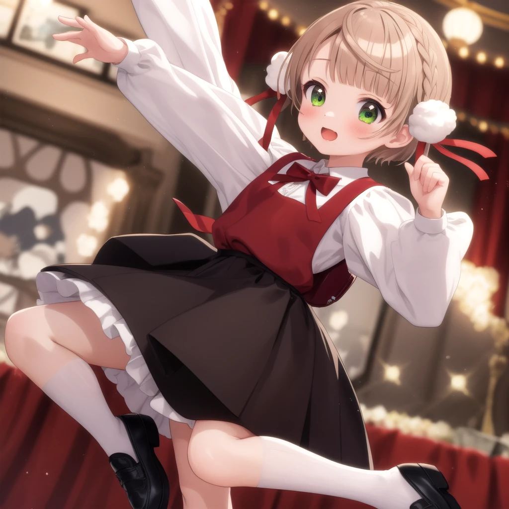 Super detailed,masterpiece,Highest quality,stage,Speed@Light,Dancing,One girl,(Little),shigure ui (virtual) ,short hair,Light brown hair,Twin tails,Pompom hair ornament,Hair Intake,Green Eyes, ,bangs,Red Bow,White collared shirt,Long sleeve,Red School Bag,Black sleeveless apron dress,White socks,Black footwear