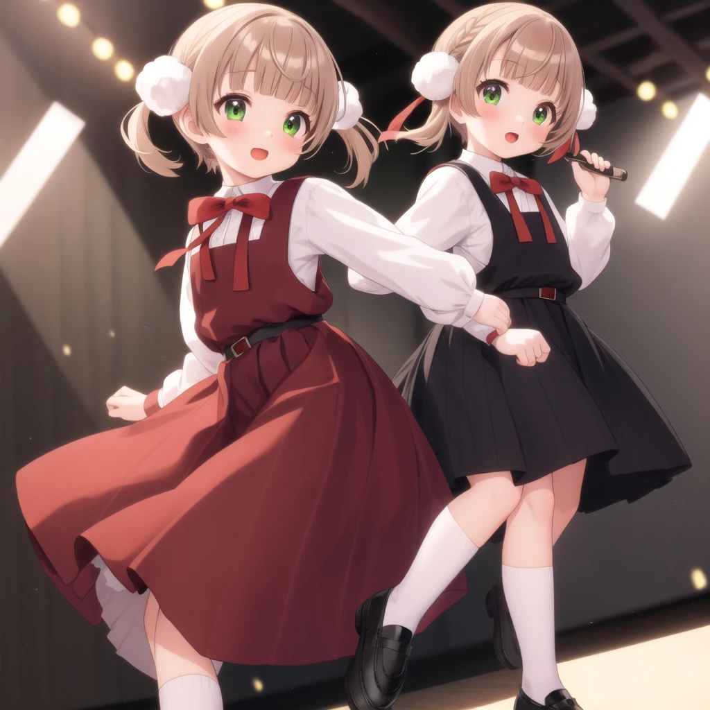 Super detailed,masterpiece,Highest quality,stage,Speed@Light,Dancing,One girl,(Little),shigure ui (virtual) ,short hair,Light brown hair,Twin tails,Pompom hair ornament,Hair Intake,Green Eyes, ,bangs,Red Bow,White collared shirt,Long sleeve,Red School Bag,Black sleeveless apron dress,White socks,Black footwear