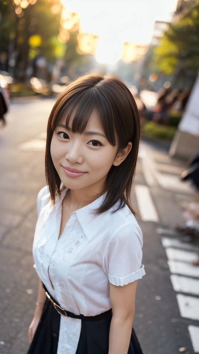 ((low angle full body shot:1.5)), ((wide shot:1.5)), ((View your viewers:1.5)), ((Looking into the camera:1.5)), ((looking at viewer:1.5)), ((look into the viewer's eyes:1.5)), (ultra detailed), (masterpiece), (best quality), (top-quality, 16K, masterpiece:1.3), Highest quality, masterpiece, (Realistic:1.4), Raw photo, Surreal, Highest quality, Extremely detailed CG, Very delicate and beautiful, 16K Wallpaper, Ultra-high resolution, 1 woman, 38歳の日本people々woman, (small eyes:1.5), (Skin dents), Medium Chest, (Professional Lighting), In the streets of Shibuya, people々, Long Hair, (bangs:1.5), ((mama fashion style shirt dresses:1.5)), ((wearing mama fashion style sandals:1.5)), Nice, Floating Hair, ((standing:1.5)), (Dynamic pose:1.5), (sunset:1.2), (Shy Smile:1.2), Thin lips, slim, (Highly detailed face), (Highly detailed facial expressions), (Face the front completely:1.5), Slender body, Large file size,
