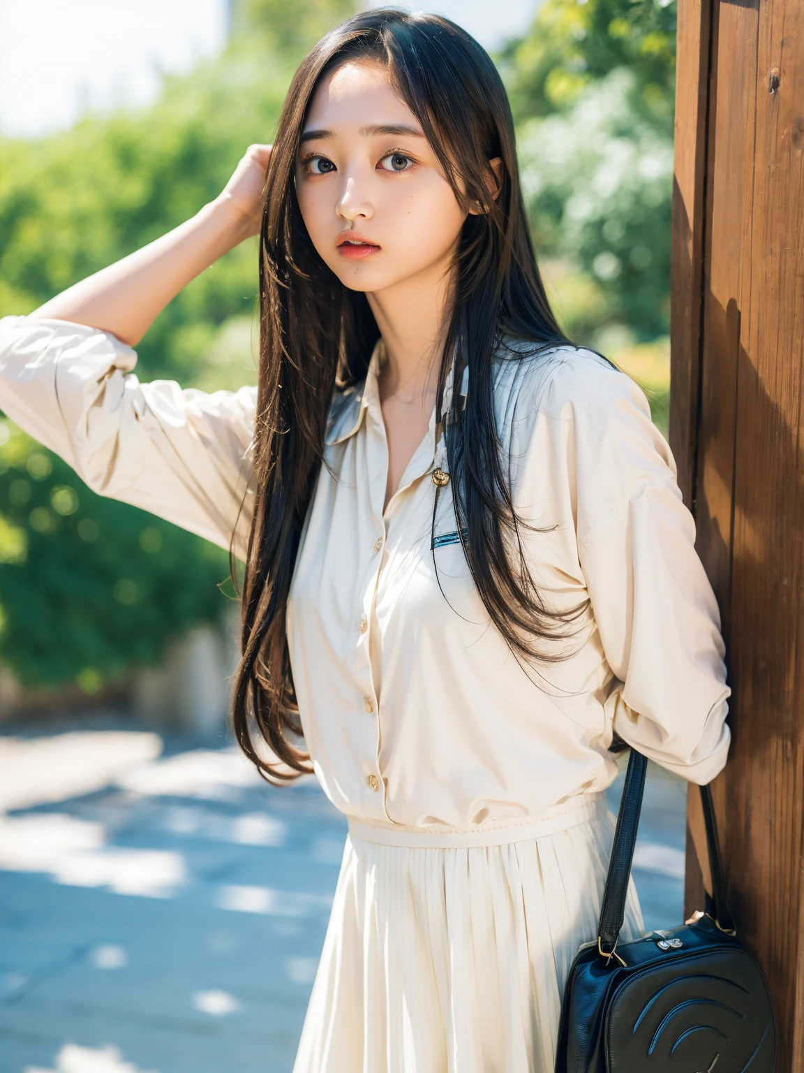 ((highest quality、8k、masterpiece:1.3)),((((upper body shot)))),Ultra-high resolution,big eyes,Japanese,forehead,bangs,(a girl),(1 girl),((16 years old)),((cute)),pretty,((facing at viewer)),(long hair),((black shirts))