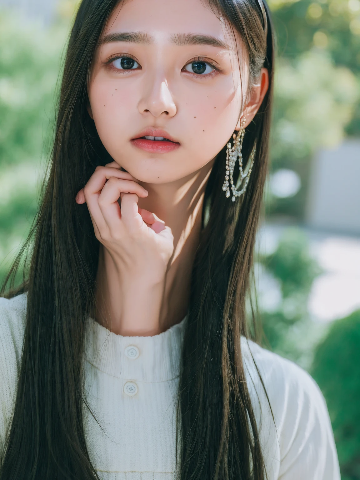 ((highest quality、8k、masterpiece:1.3)),((((upper body shot)))),Ultra-high resolution,big eyes,Japanese,forehead,bangs,(a girl),(1 girl),(()),((cute)),pretty,((facing at viewer)),(long hair),((black shirts))