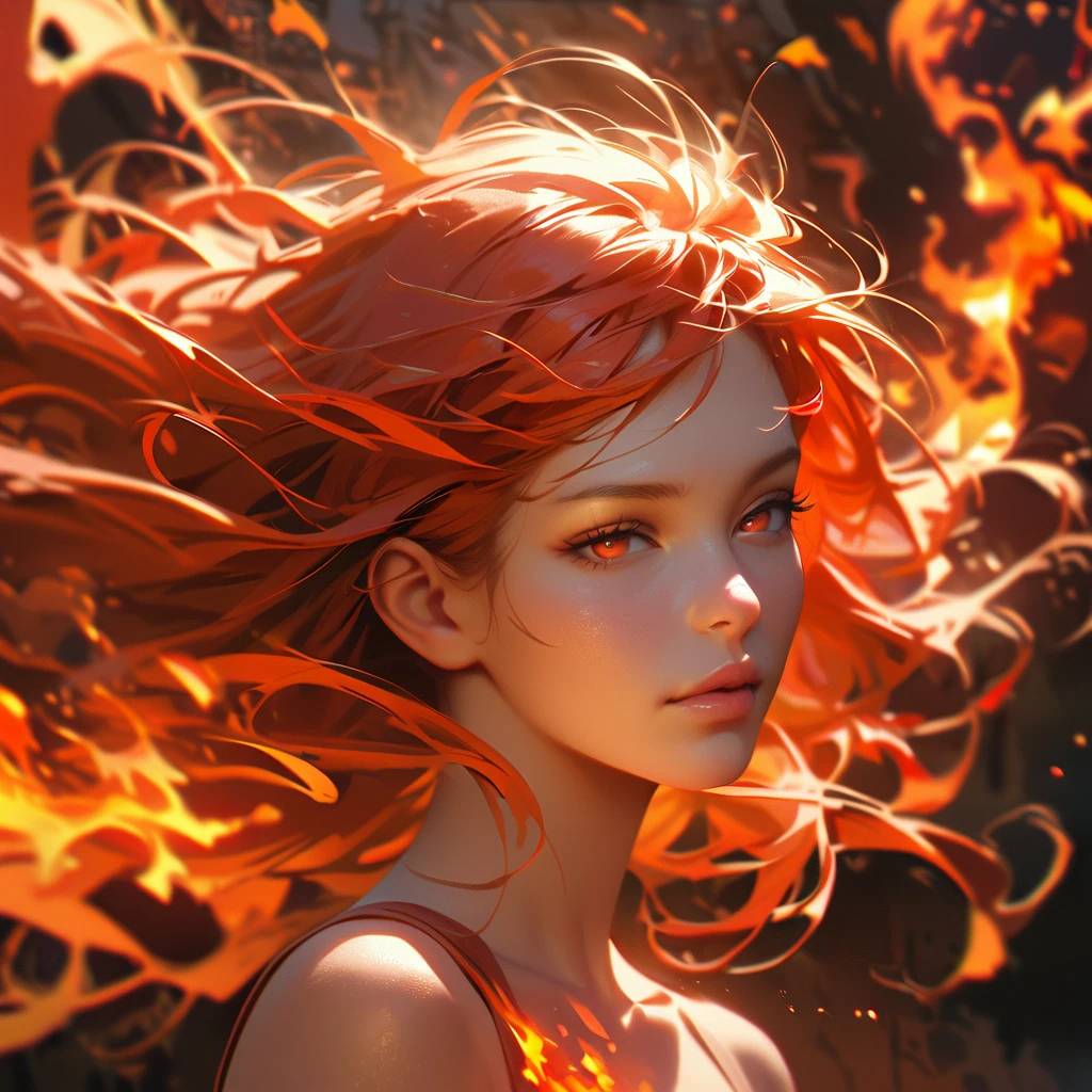 One girl,alone,fire,Floating Hair,Upper Body,Half-closed eyes,lips,Mouth closed,View your viewers,Realistic,Bare shoulders,nose,fiery red hair,Fiery red eyes,