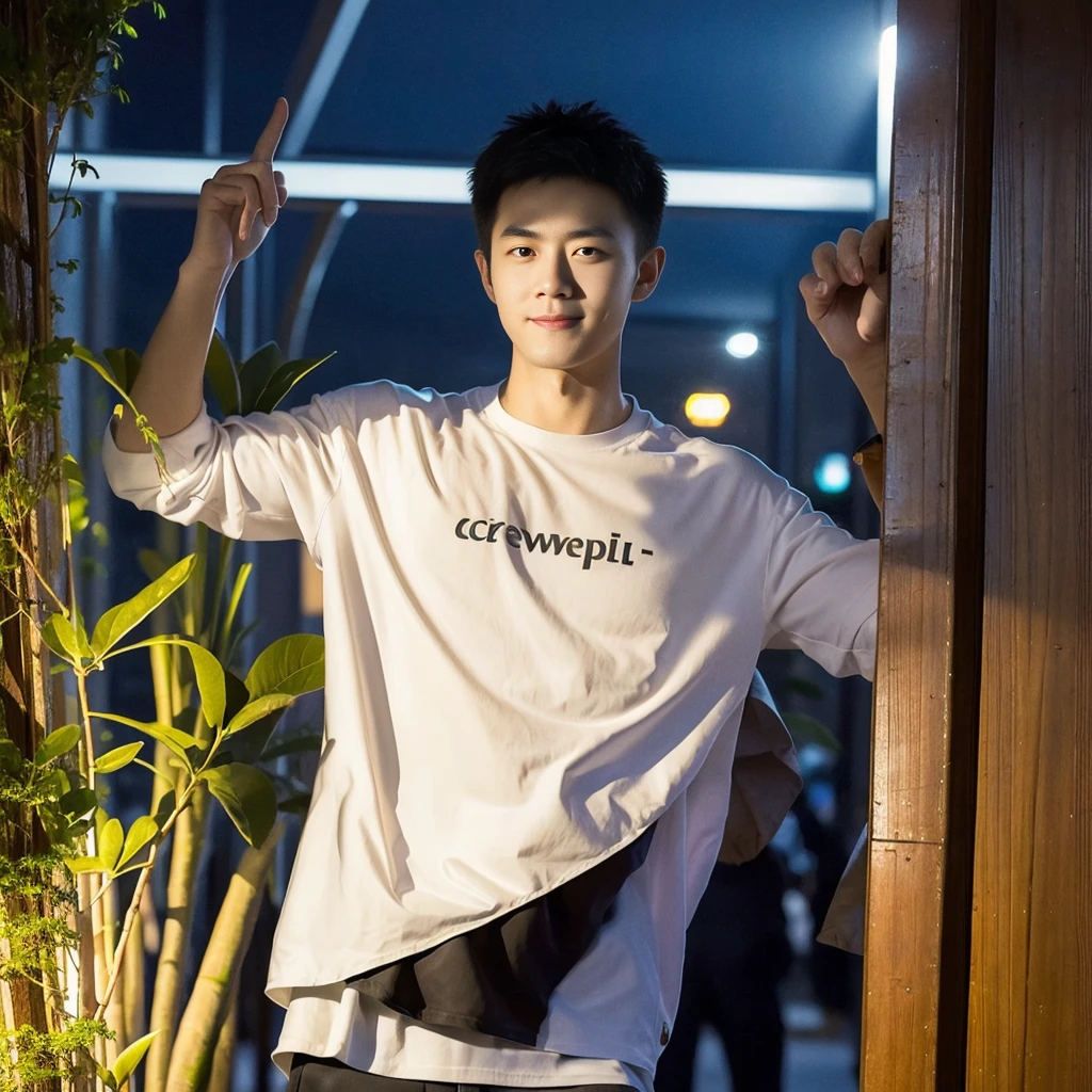 Masterpiece, best quality, height, Ultra high resolution,TRUE, photoTRUEistic,young man,handsome face,evening,natural light,look at viewer,outdoor,full body,smile,round face,short hair,Eye details,Shanghai city road,night scenery