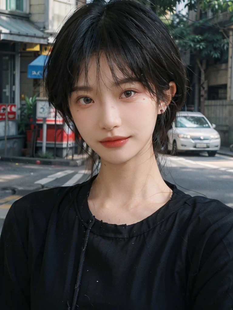 (Skin details:1.4), (smooth skin textures:1.3), (Upper body:1.4),(Upper Body:1.3),(Black clothes:1.4),Lipstick, background, earrings, serene, calm, (Realistic and detailed eyes:1.2), Natural skin texture, Realistic facial details, Soft dramatic lighting, Vivid details, 35 mm film, outdoor, (Photo Practical:1.4), (hyper Practical:1.4), (Practical:1.3), (Smoother lighting:1.05), (Improve lighting quality:0.9), (Highest quality real skin textures:1.4), Exquisite eyes, Delicate face, Close-up of face, (Enhance the beauty of skin texture:1.1),0Normal body proportions, short hair, Moles under the eyes, A faint smile,Portrait Photography, Depth of Field, Bokeh, Surrealism, Ray Tracing, (Portrait Photography:1.1), Surrealism, High Detail, Chiaroscuro, Ray Tracing, reflected light, Ultra HD, Ultra HD, masterpiece, Textured Skin, Super Detail, High Detail, high quality, best quality