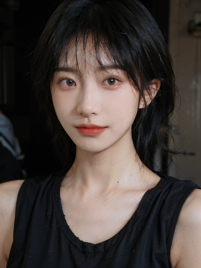 (Skin details:1.4), (smooth skin textures:1.3), (Upper body:1.4),(Upper Body:1.3),(Black clothes:1.4),Lipstick, background, earrings, serene, calm, (Realistic and detailed eyes:1.2), Natural skin texture, Realistic facial details, Soft dramatic lighting, Vivid details, 35 mm film, outdoor, (Photo Practical:1.4), (hyper Practical:1.4), (Practical:1.3), (Smoother lighting:1.05), (Improve lighting quality:0.9), (Highest quality real skin textures:1.4), Exquisite eyes, Delicate face, Close-up of face, (Enhance the beauty of skin texture:1.1),0Normal body proportions, short hair, Moles under the eyes, A faint smile,Portrait Photography, Depth of Field, Bokeh, Surrealism, Ray Tracing, (Portrait Photography:1.1), Surrealism, High Detail, Chiaroscuro, Ray Tracing, reflected light, Ultra HD, Ultra HD, masterpiece, Textured Skin, Super Detail, High Detail, high quality, best quality