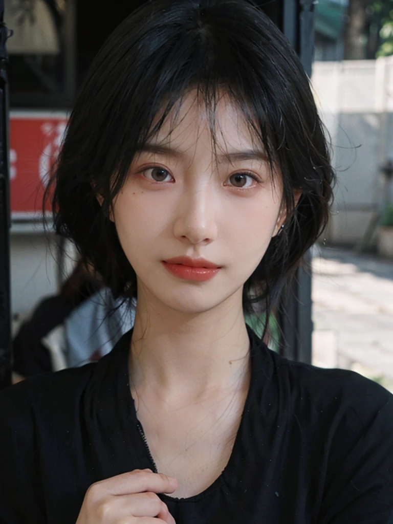 (Skin details:1.4), (smooth skin textures:1.3), (Upper body:1.4),(Upper Body:1.3),(Black clothes:1.4),Lipstick, background, earrings, serene, calm, (Realistic and detailed eyes:1.2), Natural skin texture, Realistic facial details, Soft dramatic lighting, Vivid details, 35 mm film, outdoor, (Photo Practical:1.4), (hyper Practical:1.4), (Practical:1.3), (Smoother lighting:1.05), (Improve lighting quality:0.9), (Highest quality real skin textures:1.4), Exquisite eyes, Delicate face, Close-up of face, (Enhance the beauty of skin texture:1.1),0Normal body proportions, short hair, Moles under the eyes, A faint smile,Portrait Photography, Depth of Field, Bokeh, Surrealism, Ray Tracing, (Portrait Photography:1.1), Surrealism, High Detail, Chiaroscuro, Ray Tracing, reflected light, Ultra HD, Ultra HD, masterpiece, Textured Skin, Super Detail, High Detail, high quality, best quality