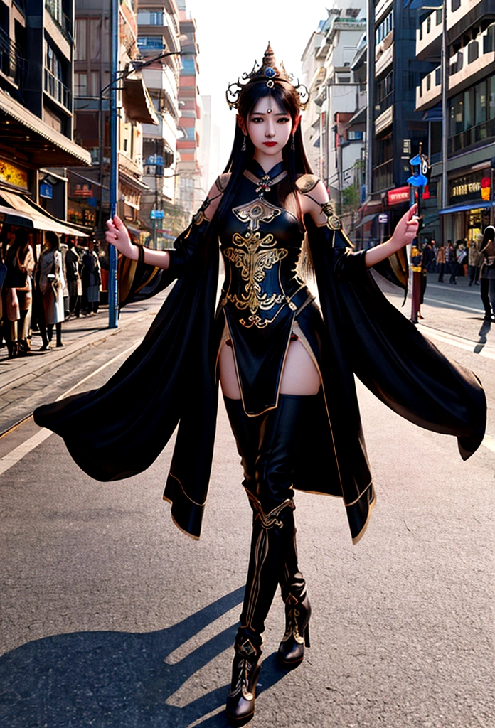 Generate A stunning Tangra AI image of a Thai woman in leather black steam punk dress, long black hair, long leg black boot standing in front of a night street background, hyper-realistic photography. 8K SUHD  --s 900 --v 6.0 --style raw 