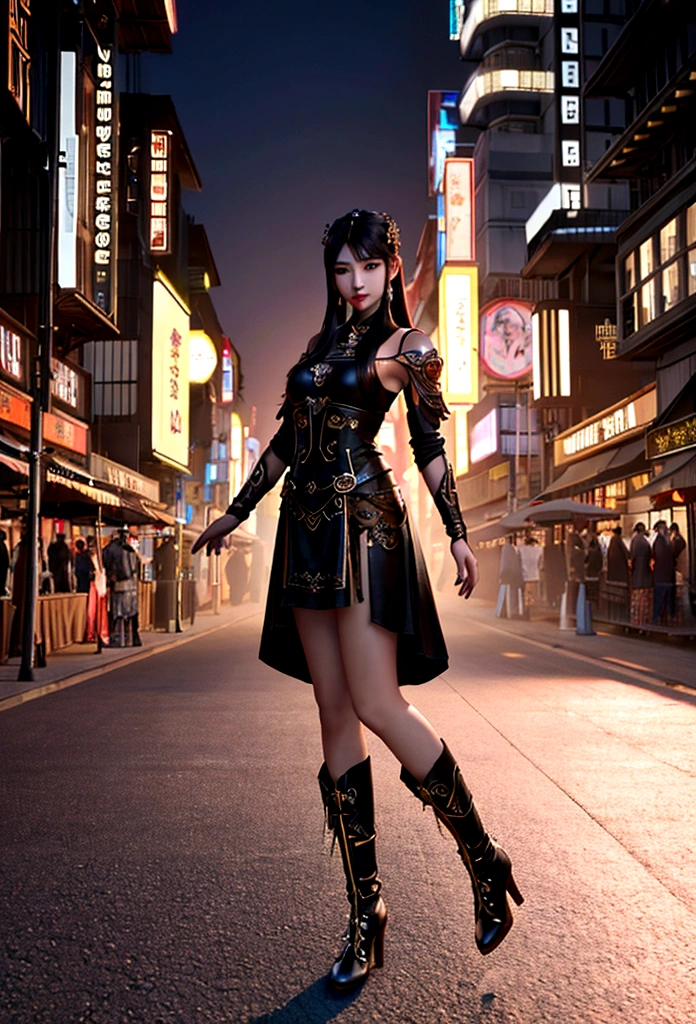 Generate A stunning Tangra AI image of a Thai woman in leather black steam punk dress, long black hair, long leg black boot standing in front of a night street background, hyper-realistic photography. 8K SUHD  --s 900 --v 6.0 --style raw 