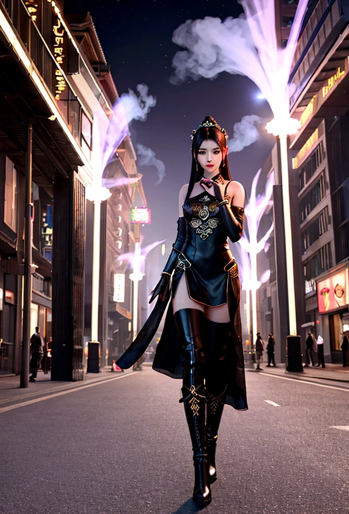 Generate A stunning Tangra AI image of a Thai woman in leather black steam punk dress, long black hair, long leg black boot standing in front of a night street background, hyper-realistic photography. 8K SUHD --s 900 --v 6.0 --style raw