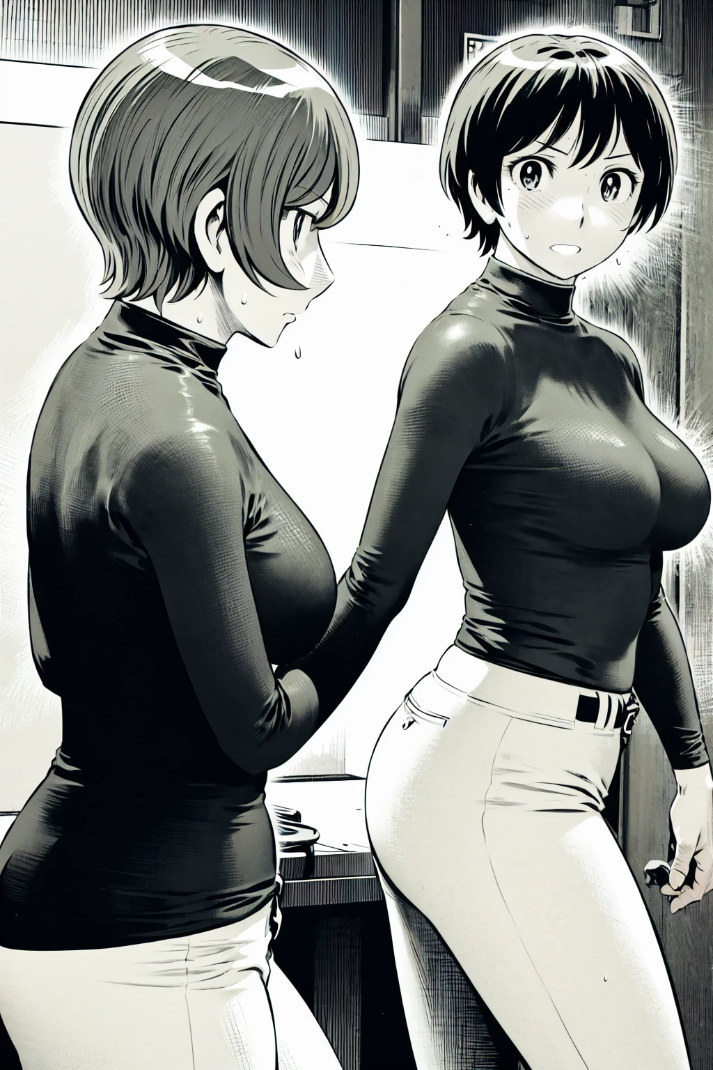 、(masterpiece、Highest quality)、Highest quality, Ultra-high resolution, (((masterpiece))), alone, Sweat、Big eyes,Tight black shirt、Tight white pants、belt、indoor、Composition from the front、（Cut the back hair short、short hair、blonde、woman）、Shortcuts、Embarrassed face、Cut your hair short、可愛いwomanの子、Big Breasts、Inside the room、Full Color、Baseball uniform