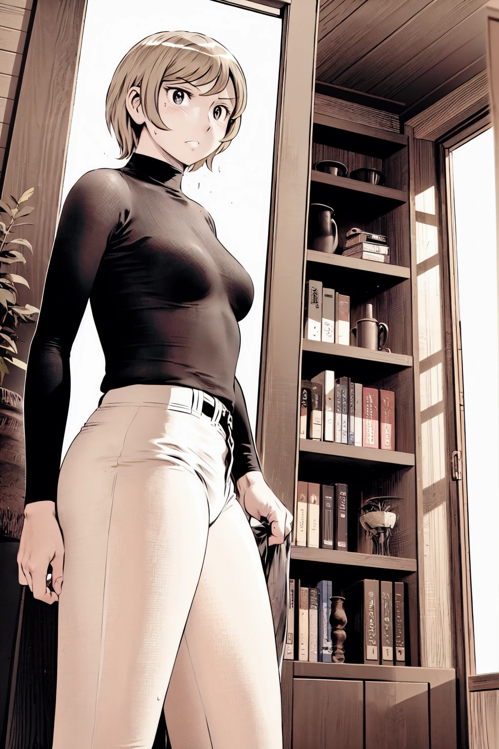、(masterpiece、Highest quality)、Highest quality, Ultra-high resolution, (((masterpiece))), alone, Sweat、Big eyes,Tight black shirt、Tight white pants、belt、indoor、Composition from the front、(Cut the back hair short、short hair、blonde、woman)、Shortcuts、Embarrassed face、Cut your hair short、可愛いwomanの子、Big Breasts、Inside the room、Full Color、Baseball uniform