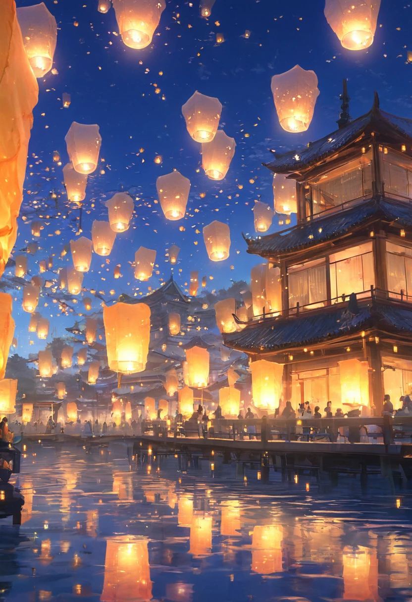 Floating light, Light and reflection, Glowing Light! Intermediate metaverse elements,number, Shining Reflection, think. author:shinkai makoto, Water lanterns, quiet night. Digital Illustration, Beautiful atmosphere, Light in the night sky, quiet nightの雰囲気, 美丽的number艺术作品, Low level of detail. number, Beautiful atmosphere