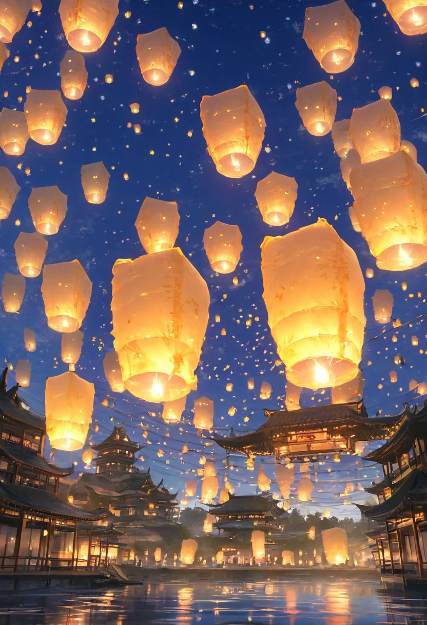 Floating light, Light and reflection, Glowing Light! Intermediate metaverse elements,number, Shining Reflection, think. author:shinkai makoto, Water lanterns, quiet night. Digital Illustration, Beautiful atmosphere, Light in the night sky, quiet nightの雰囲気, 美丽的number艺术作品, Low level of detail. number, Beautiful atmosphere
