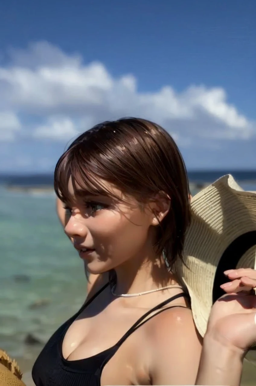 masterpiece, high-quality, nime illustration style, a young woman, wearing black sleeveless, short bob Hair, holding hat behind head with both hands, sunny summer day with the blue sea