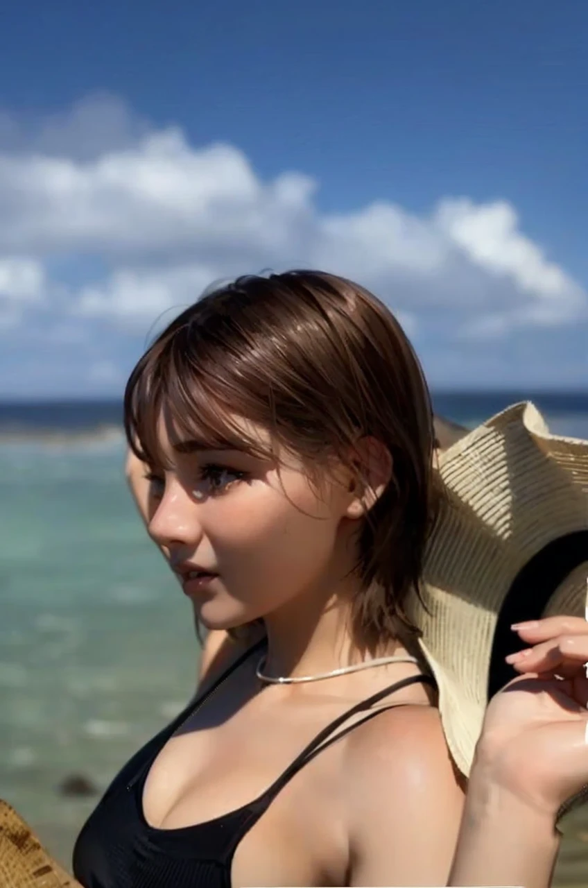 masterpiece, high-quality, nime illustration style, a young woman, wearing black sleeveless, short bob Hair, holding hat behind head with both hands, sunny summer day with the blue sea