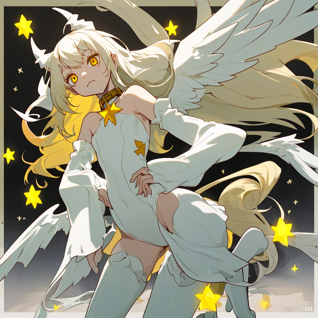 Egg-colored demon girl + Wear a white swimsuit with sleeves + white boots + It has white wings over black on its hips. + long yellow hair + yellow eyes + There is a small yellow star on the left cheek. + has a white tail + white ribbon + He has gray-white horns. + Has a black collar + There is a white shawl that leaves the middle