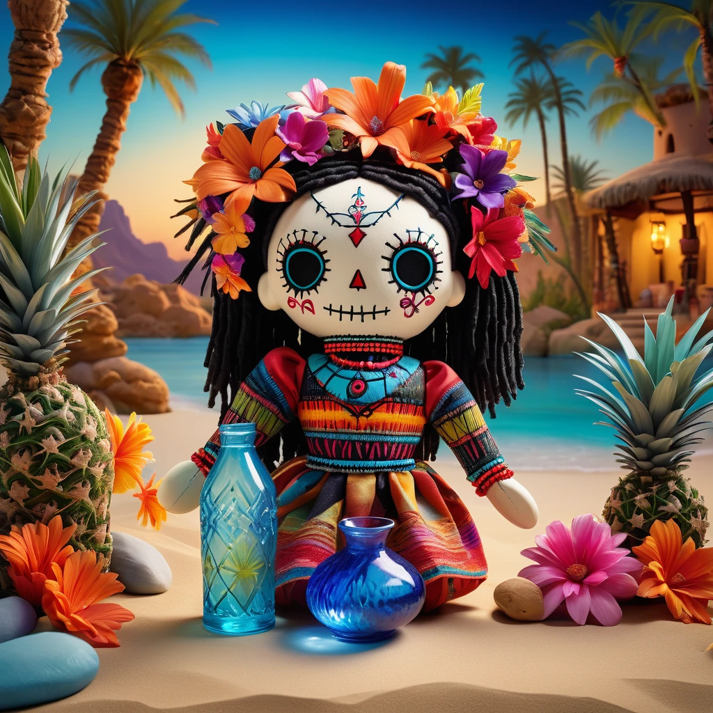 (knitted toy voodoo doll:1.5), (Voodoo Doll in a Magical Oasis:1.3), (Clothing: desert attire with vibrant floral patterns:1.0), (Accessories: enchanted water jug emitting a soft blue light, floating palm trees:1.1), (background: lush oasis with crystal-clear springs, colorful flowers, and a serene ambiance:1.2), best quality, masterpiece, detailed soft oil painting, detailed background, dramatic cinematic lighting, soft edge lighting, professional, dramatic lighting, hard edge lighting, ultra quality, 4k,masterpiece, best quality, 8k, ultra highres, highres, extremely detailed