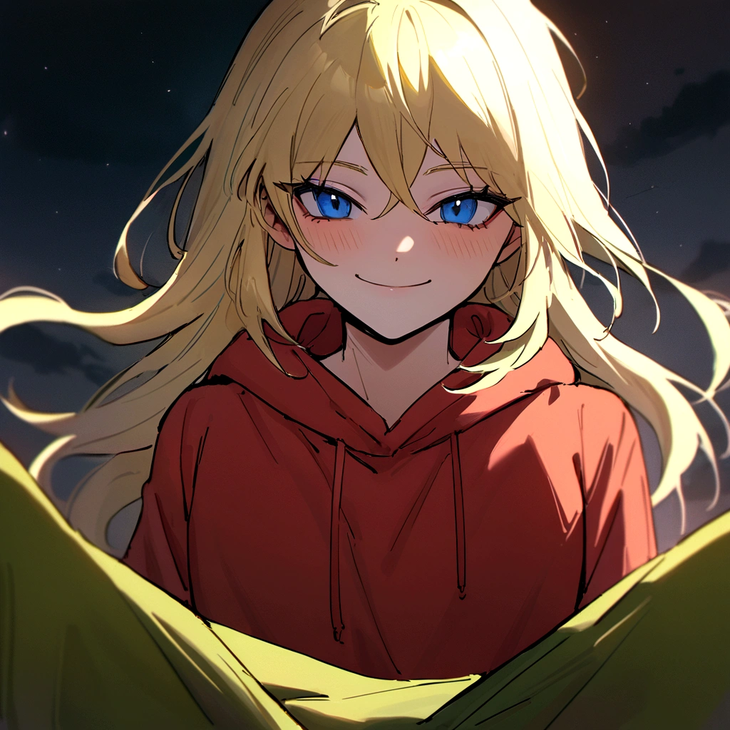 make me a female, 17 yo, blonde long hair, blue eyes, red hoodie, green baggie pants, she's smiling, dark sky with thunder behind her