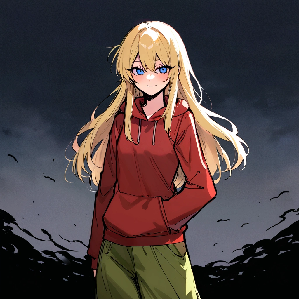 make me a female, 17 yo, blonde long hair, blue eyes, red hoodie, green baggie pants, she's smiling, dark sky with thunder behind her