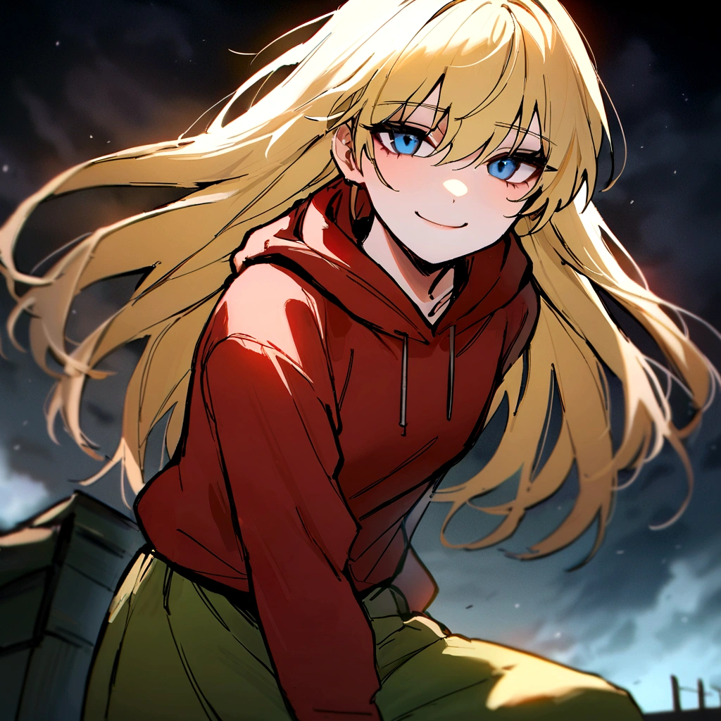 make me a female, 17 yo, blonde long hair, blue eyes, red hoodie, green baggie pants, she's smiling, dark sky with thunder behind her