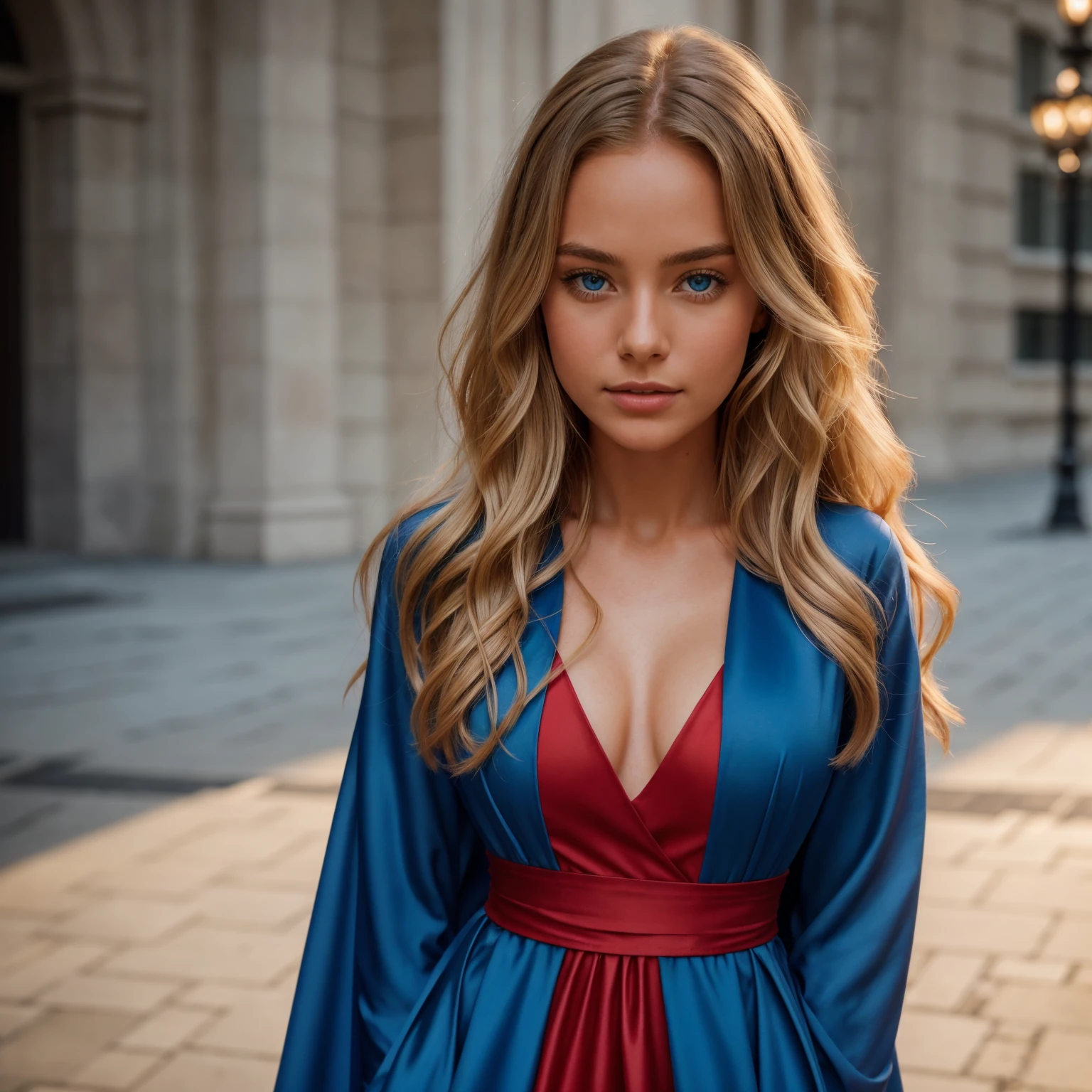 professional portrait photograph of a gorgeous 18 year,Norwegian girl Lise Olsen in london city with long wavy blonde hair,blue eye,happy,sultry flirty look, gorgeous symmetrical face, cute natural makeup, ((wearing red gown)), ((standing )), ultra realistic, concept art, elegant, highly detailed, intricate, sharp focus, depth of field, f/1. 8, 85mm, medium shot, mid shot, (((professionally color graded))), bright soft diffused light, (volumetric fog), trending on instagram, hdr 4k, 8k