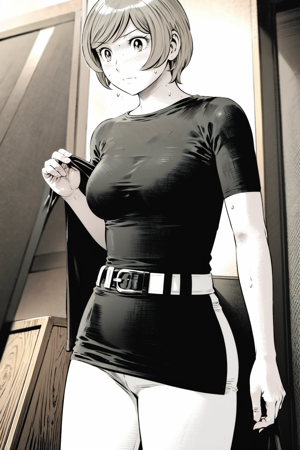 、(masterpiece、Highest quality)、Highest quality, Ultra-high resolution, (((masterpiece))), alone, Sweat、Big eyes,Tight black shirt、Tight white pants、belt、indoor、Composition from the front、(Cut the back hair short、short hair、blonde、woman)、Shortcuts、Embarrassed face、Cut your hair short、可愛いwomanの子、Big Breasts、office