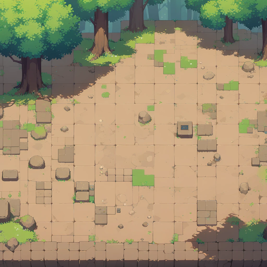 retro video game style,pixelated pastel colors,8-bit characters,blocky shapes,sharp lines,detailed shading,classic gaming vibe,nostalgic atmosphere,classic arcade games,masterpiece:1.2,ultra-detailed,illustration style, 2d texture, stone texture, 4 k seamless mud texture, video game texture, dirt texture, tileset, game tiles, grass, trees, rock texture, forest, topdown view, game texture, game art, dirt, , tileable texture, top down view, 3/4th perspective