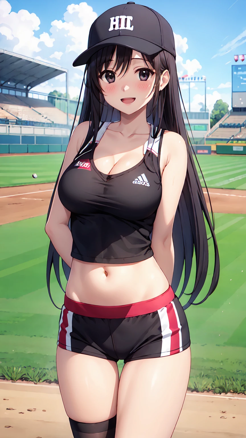 Masterpiece ,best quality , high resolution , (1 girl solo:1.38) , (Kotonoha Katsura , long hair , black hair, black eyes , tall, slim body) , (cleavage:1.2) , (medium breast:1.28) , (wear baseball hat , belly , navel , sport top , sport short , stockings ) , (arms behind back . hands behind back) , (cleavage:1.15) , (big breast:1.1) , (face view , look at view ) , (outdoor , Baseball field，race，streamers，victory，celebrate) , (standing , Legs , thighs , cowboy shot) , ( full face blush , shy , smile , open mouth)